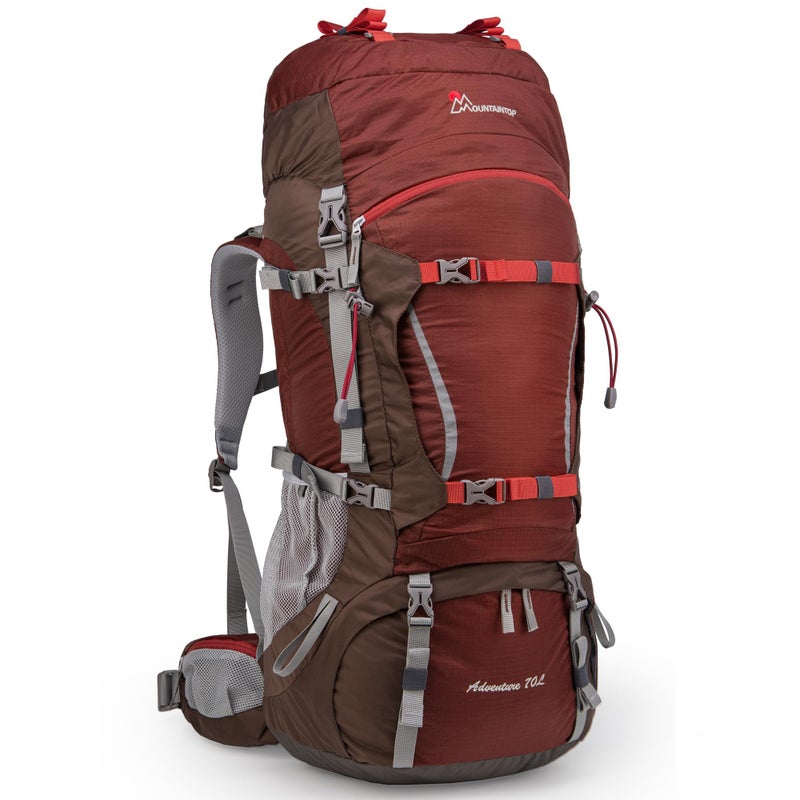 MOUNTAINTOP 70L Internal Frame Backpack Camping Backpacking Hiking Backpack for Men Women with Rain Cover,Maroon - Image 1